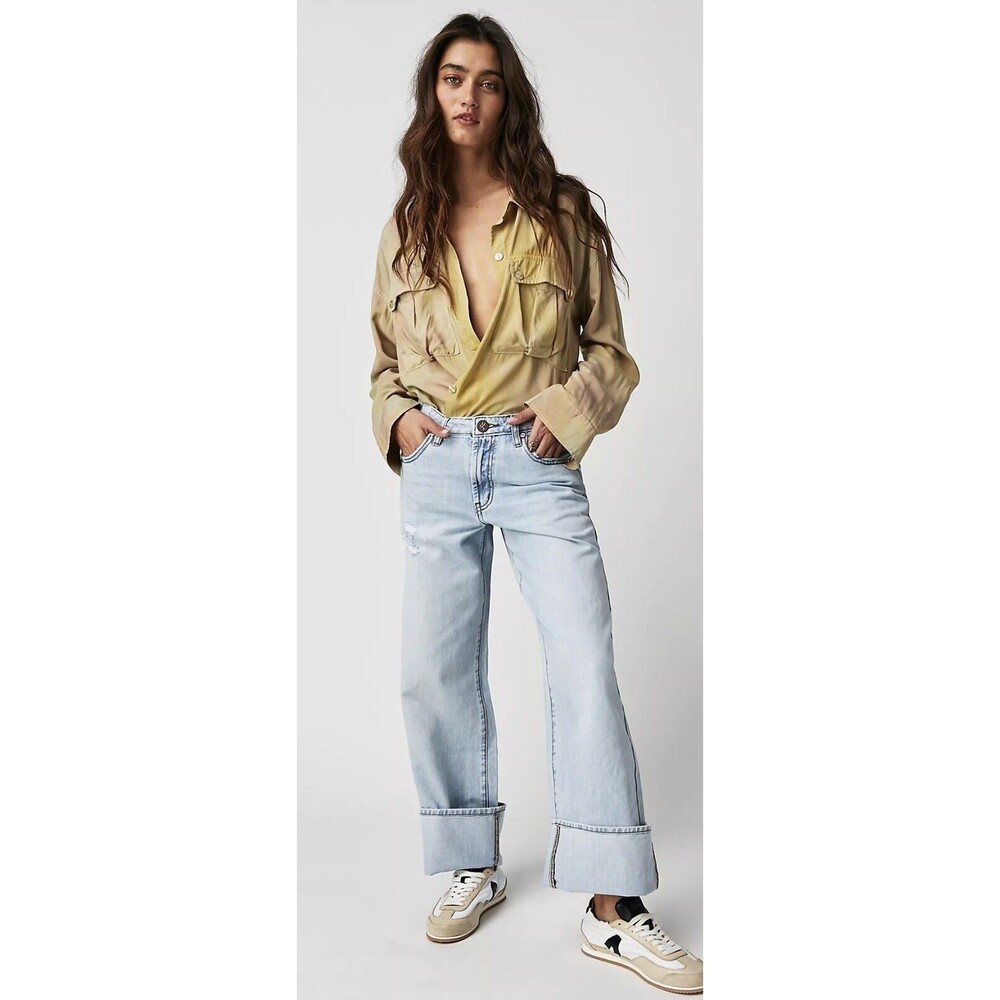 Free People We The Free Daydream Yellow Combo Oversized Button Down Shirt Sz M
